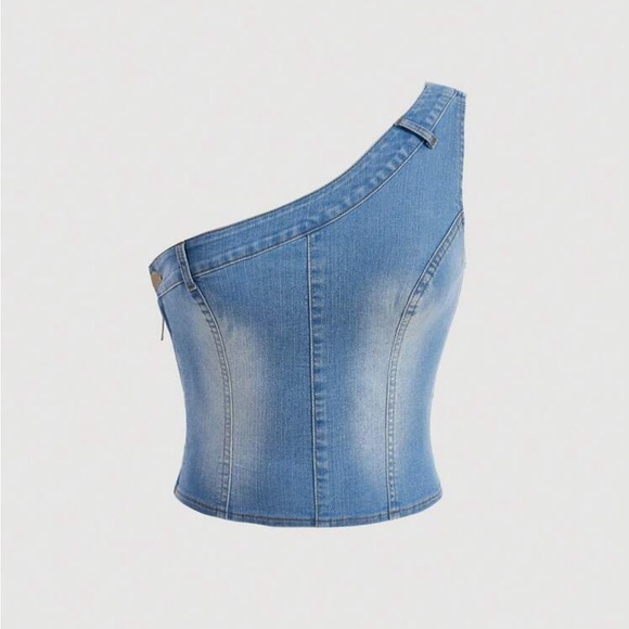 Light Wash One Shoulder Denim Top - Picture 1 of 7